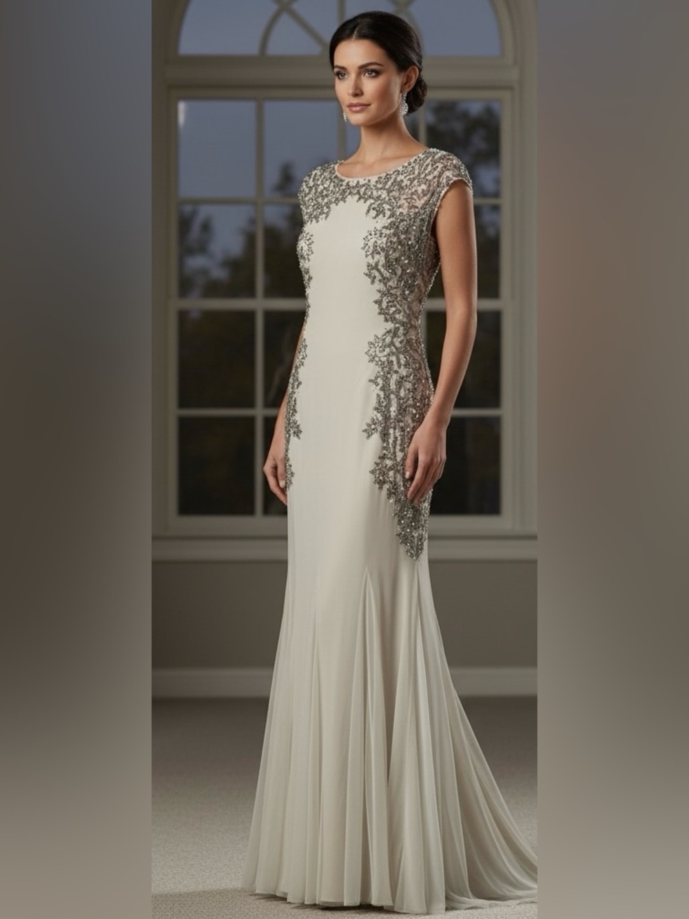 Adrianna Papell Ivory Gown with Silver Beaded Lace